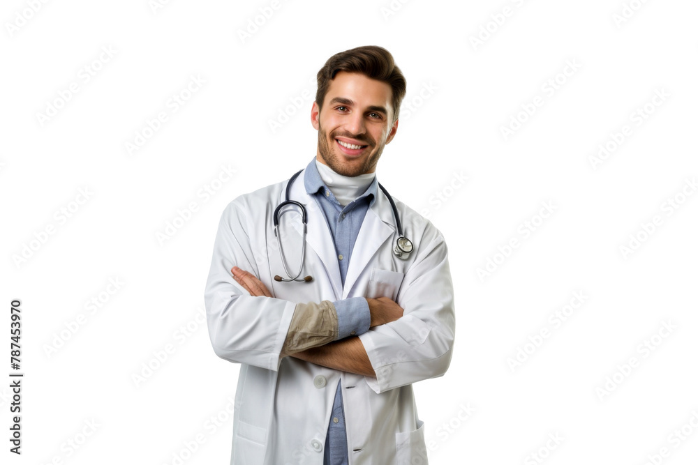 Studio Portrait of smiling Doctor with uniform outfits or laboratory white coat isolated on transparent png background. Studio Portrait of smiling Doctor with uniform outfits or laboratory white coat isolated on transparent png background.