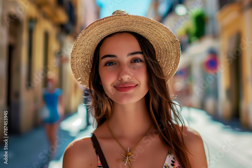 Portrait of a pretty young woman in a straw hat on the street of an old city