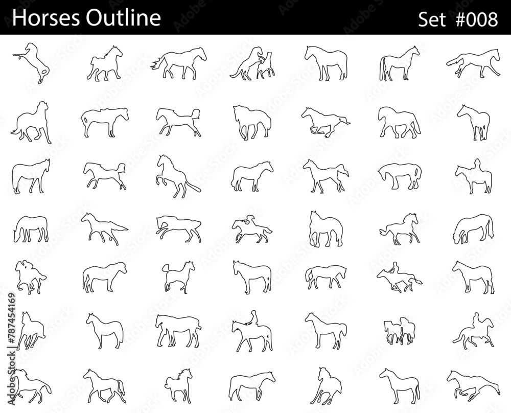 Minimal style horse line drawing, Side view, set of graphics horses elements outline symbol for creating coloring pages, prints. design drawing. Vector illustration in stroke fill in white.