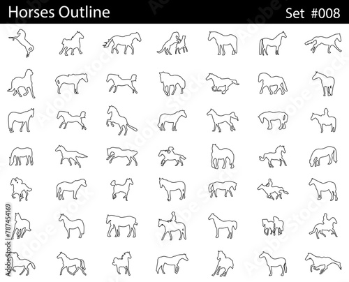 Minimal style horse line drawing, Side view, set of graphics horses elements outline symbol for creating coloring pages, prints. design drawing. Vector illustration in stroke fill in white.
