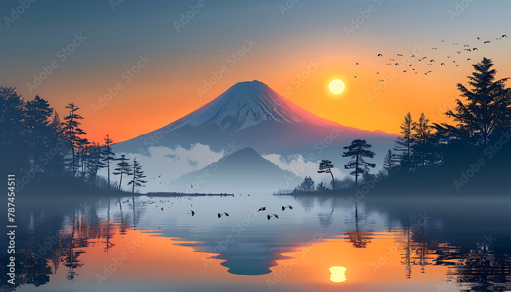 Vector abstract art Mount Fuji Japan landmark.