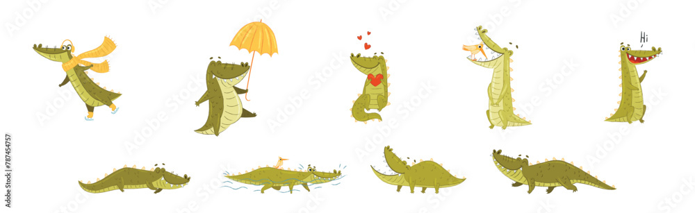 Obraz premium Cute Crocodile Character in Different Situation Vector Set