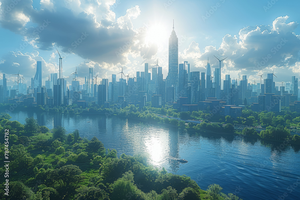 Fototapeta premium A futuristic city skyline adorned with skyscrapers equipped with integrated solar panels and wind turbines. Concept of urban renewable energy integration. Generative Ai.