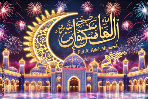 Eid al Adha with this beautiful Mosque sky color  rendering of a traditional Islamic festival background. photo