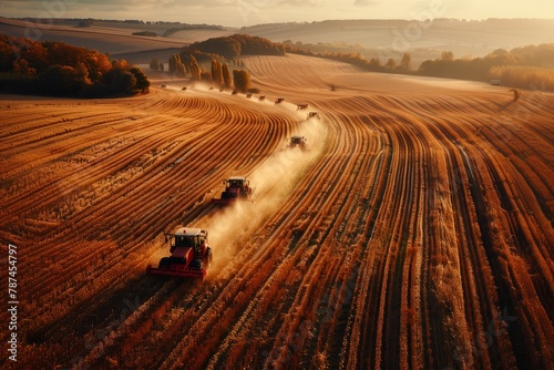Combine harvesters working on an autumn field photo