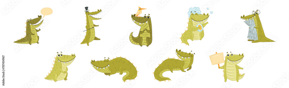 Obraz premium Cute Crocodile Character in Different Situation Vector Set
