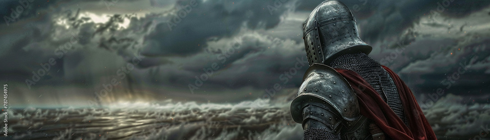 A formidable warrior in armor overlooks an ominous landscape, the calm before the storm in a historic battlefield - obrazy, fototapety, plakaty 