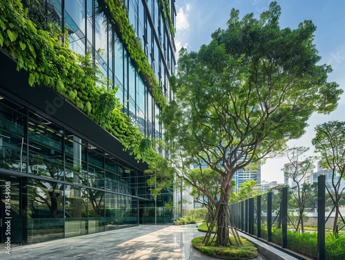 Emphasizing a tree in sharp focus alongside an eco-friendly building featuring a vertical garden within a modern cityscape