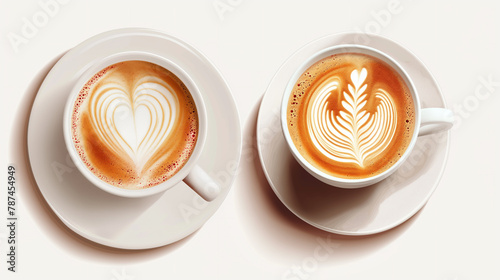 Two cups of coffee on a white background with a heart-shaped pattern. photo