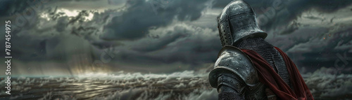 A formidable warrior in armor overlooks an ominous landscape, the calm before the storm in a historic battlefield photo