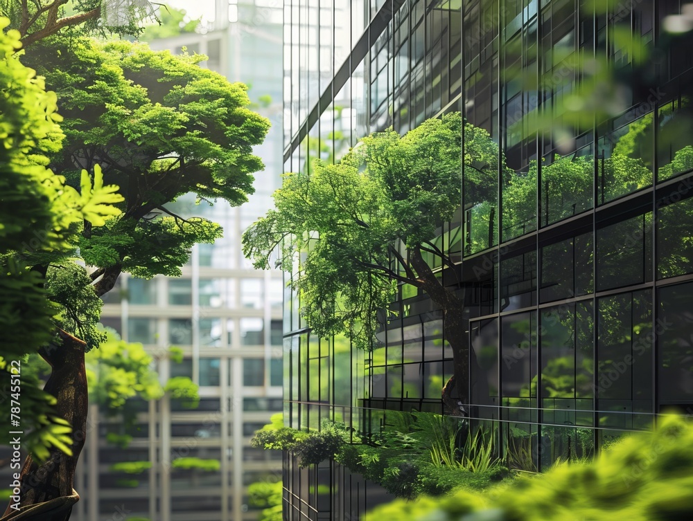 Emphasizing a tree in sharp focus alongside an eco-friendly building featuring a vertical garden within a modern cityscape Emphasizing a tree in sharp focus alongside an eco-friendly building featuring a vertical garden within a modern cityscape