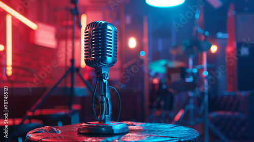 A music stage adorned with a vintage microphone, ready to relive the retro music era