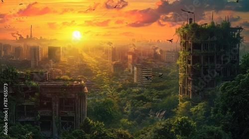 Sunrise brings light to an overgrown cityscape, where nature reclaims abandoned buildings in a scene of serene post-apocalyptic beauty. Resplendent. photo