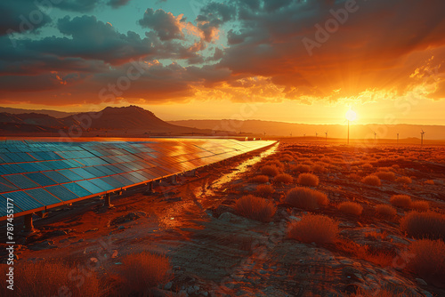 A desert landscape hosting a massive concentrated solar power plant, utilizing mirrors to generate heat for electricity production. Concept of solar thermal energy. Generative Ai. photo