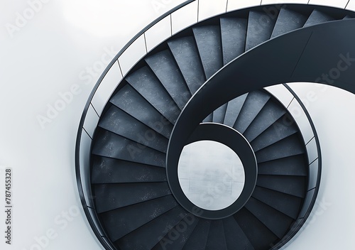 Black spiral staircase with black metal handrail and white wall background. The spiral stairs have an elegant design