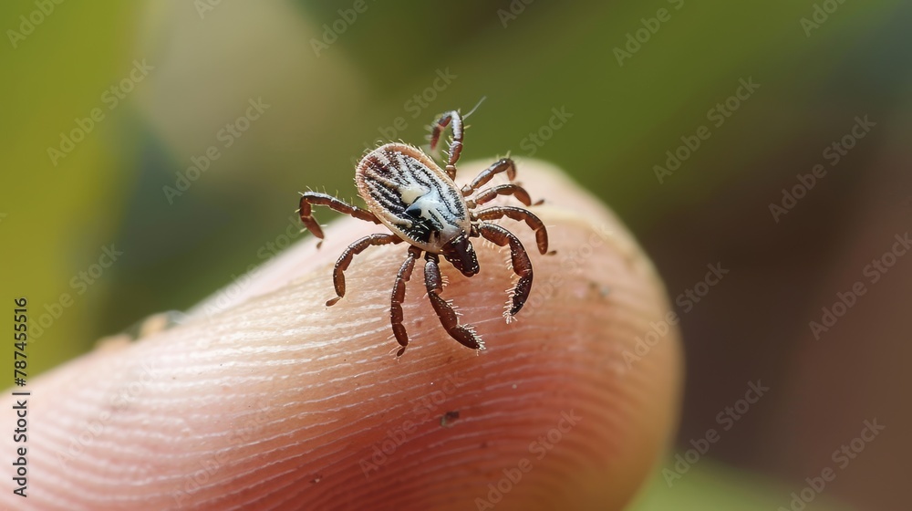 Obraz premium Close-up of a tick sitting on a finger, tick-borne encephalitis, 16:9