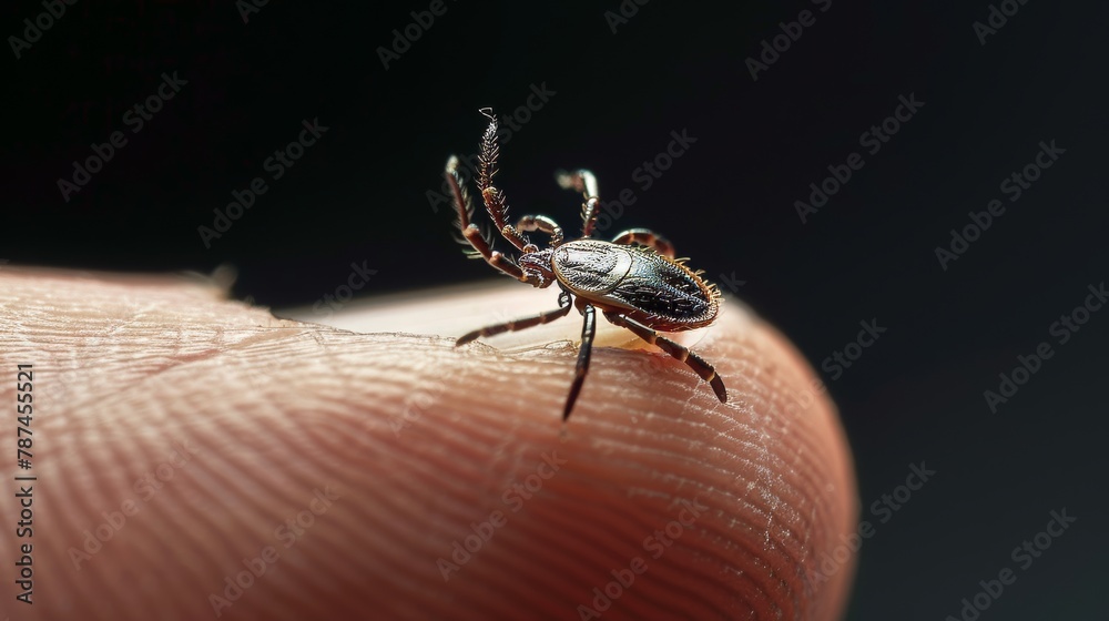 Close-up of a tick sitting on a finger, tick-borne encephalitis, 16:9 Close-up of a tick sitting on a finger, tick-borne encephalitis, 16:9