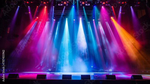 Concert stage bathed in a spectrum of vibrant lights, pulsing with the rhythm of live entertainment