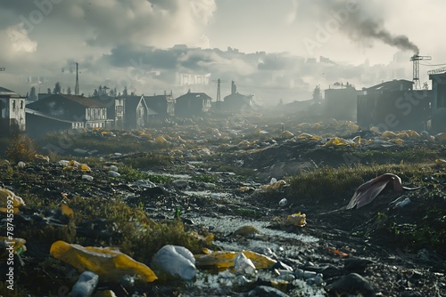 dystopian futuristic countryside landscape with power plants in the background, sad landscape with trash laying everywhere as the worst case in the environmental development in the future