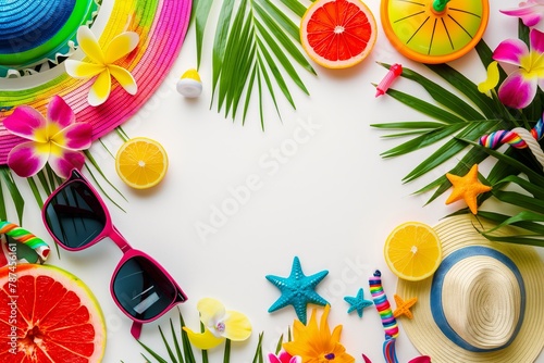 summer theme still life with some leisure, natural and travel items taken from above on white background with copy space