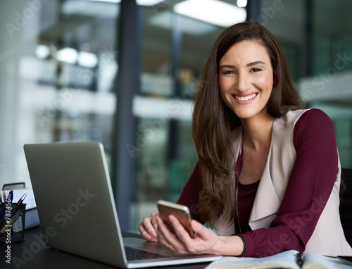 Business, laptop and woman in workspace for portrait, answer email or browsing online with social media. Connection, internet networking and communication, technology with company application for job