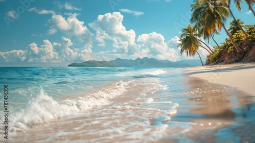 A serene beach scene  with palm trees swaying in the breeze and turquoise waters lapping at the shore