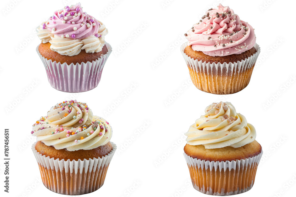 four cupcakes with icing on transparent background four cupcakes with icing on transparent background