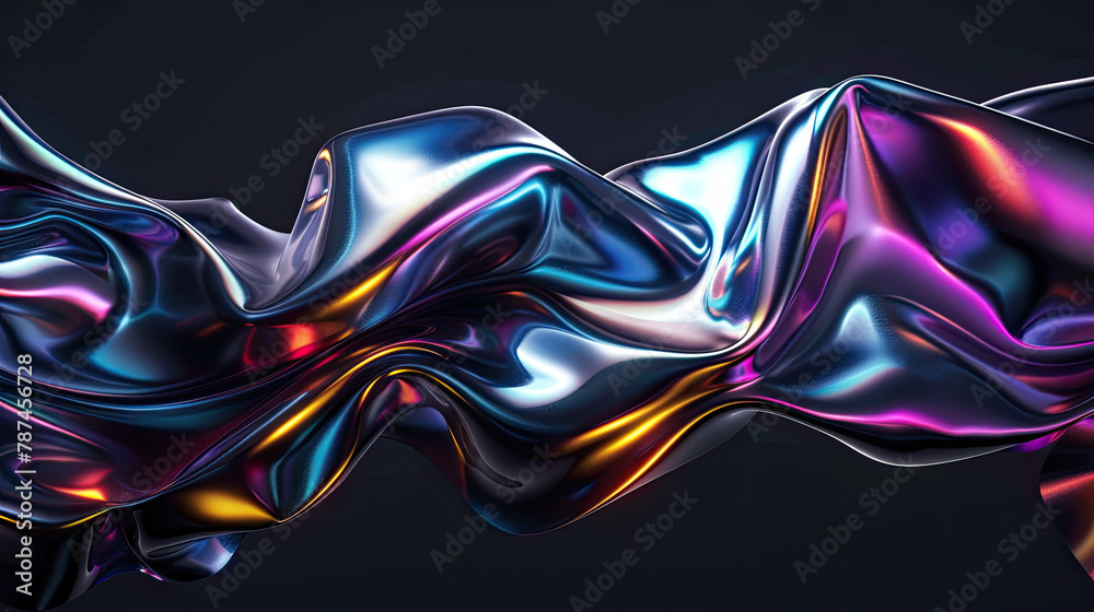 Obraz premium Neon fluid forms liquid metallic cloth shape isolated on black background.