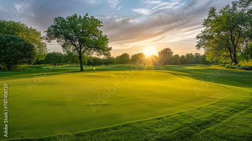 Golf course under the serene early light of sunrise, highlighting the vibrant greens of the landscape