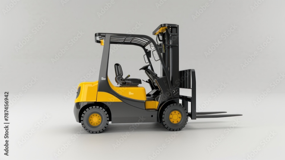 A realistic image of a forklift truck, cleanly isolated on a white background, ideal for industrial and logistic themes