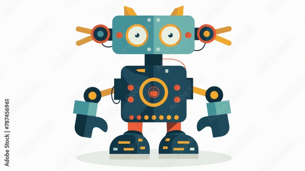 A playful illustration of a cartoonish robot in flat design style, isolated on a white background A playful illustration of a cartoonish robot in flat design style, isolated on a white background