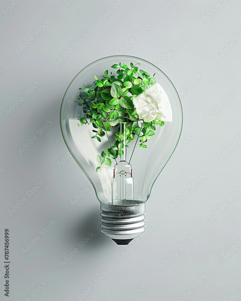 Innovatively green, a lightbulb encased in nature, blending creativity with environmental friendliness Innovatively green, a lightbulb encased in nature, blending creativity with environmental friendliness