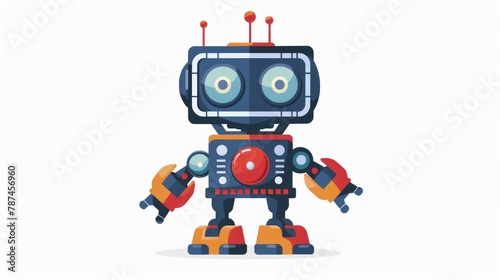 A playful illustration of a cartoonish robot in flat design style, isolated on a white background