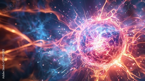 An abstract depiction of bright  glowing particles forming a spherical energy structure in space