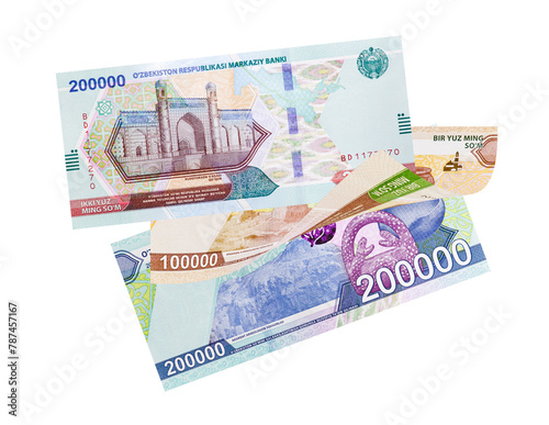 Uzbek Som banknotes isolated on white background