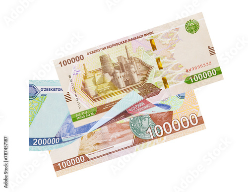 Uzbek Som banknotes isolated on white background