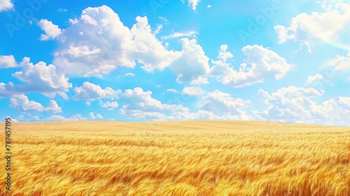 A vibrant image capturing a sprawling field of golden wheat under a clear blue sky