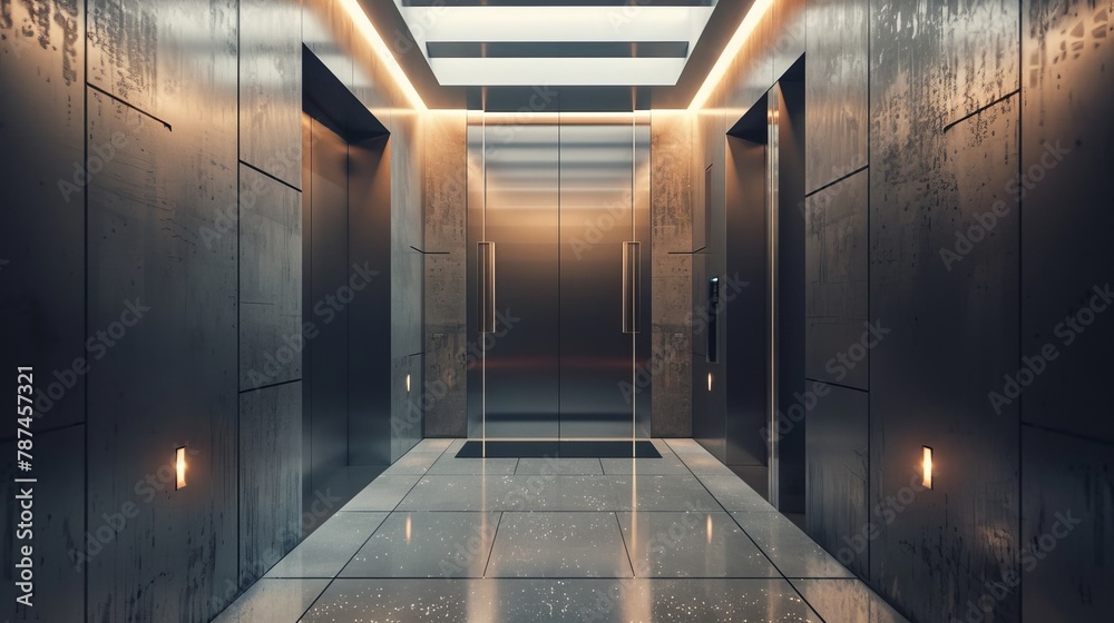 Modern Elevator The interior of a modern elevator with sleek metal walls and a well-lit ...