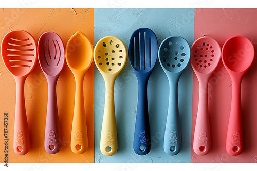 A collection of colorful silicone kitchen utensils hung neatly on hooks against a bright background