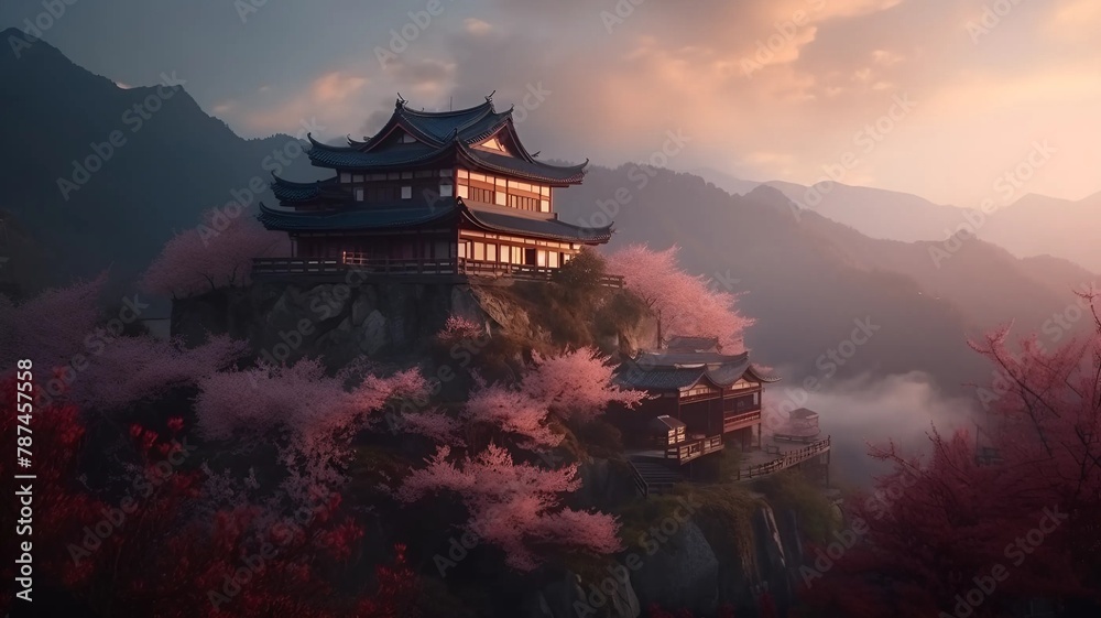 Chinese house. A Chinese house in the mountains. Mountains. Sakura. Traditional Chinese aesthetics harmonized with natural beauty. Chinese house. A Chinese house in the mountains. Mountains. Sakura. Traditional Chinese aesthetics harmonized with natural beauty.