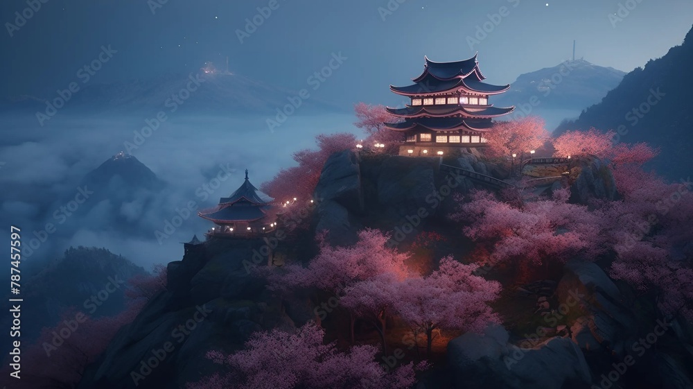 Obraz premium Chinese house. A Chinese house in the mountains. Mountains. Sakura. Traditional Chinese aesthetics harmonized with natural beauty.