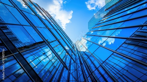 View from below of a striking modern office building with a blue glass facade stretching towards a clear sky