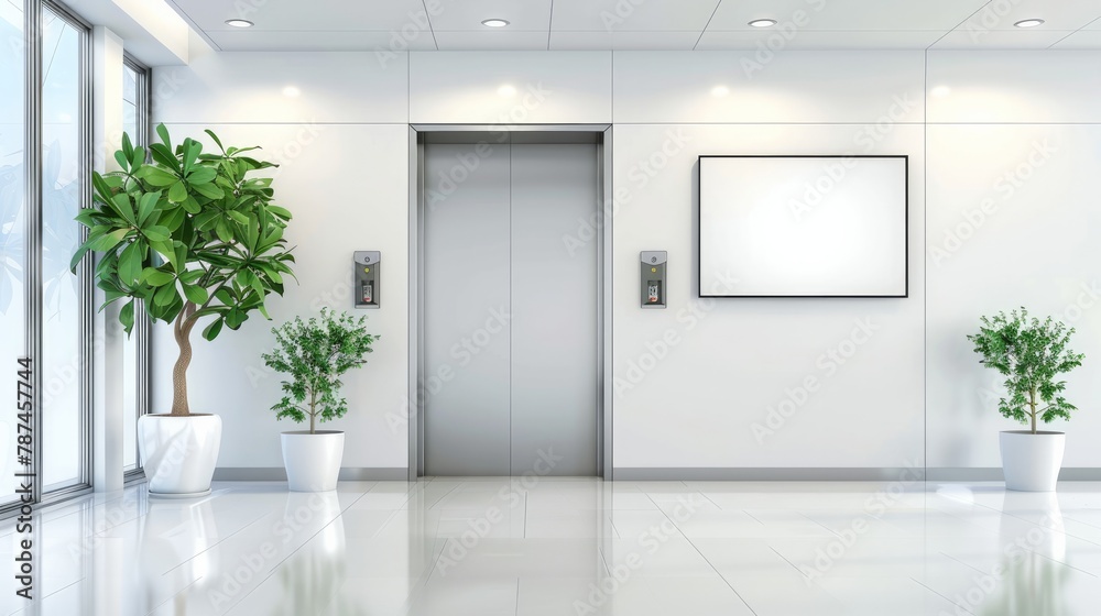 An office hallway featuring an LCD screen floor stand beside both open and closed elevator doors An office hallway featuring an LCD screen floor stand beside both open and closed elevator doors