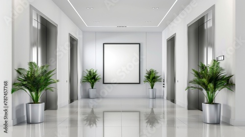 An office hallway featuring an LCD screen floor stand beside both open and closed elevator doors