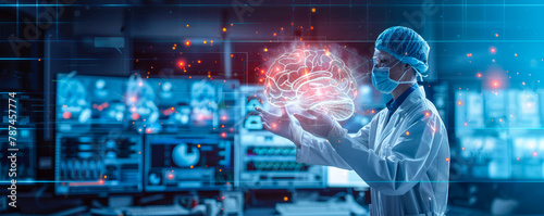 Technology Brain Diagnosis: Doctor Examines Futuristic AI, Robotics & Computer Visualizations for Innovative Medical Science in Virtual Lab