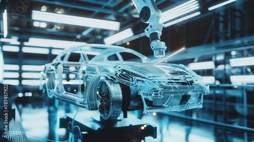 An image of white robots performing welding tasks on a car body in an automated automobile factory photo