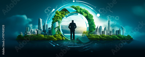 Eco-conscious Businessman Protecting Green Circular Economy Icon: Sustainable Business Strategy Approach Eliminating Waste, Pollution for Future Growth