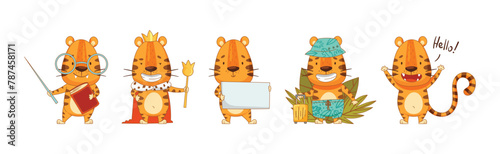 Funny Tiger Predator Jungle Animal with Striped Coat Engaged in Different Activity Vector Set