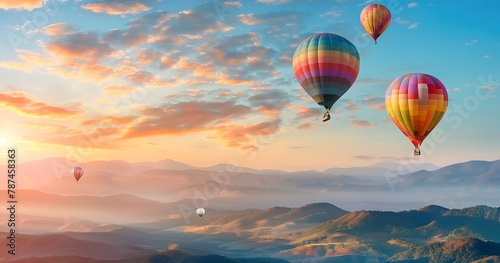 Colorful hot air balloons flying over the mountains at sunrise in Phu K hammer © Noman