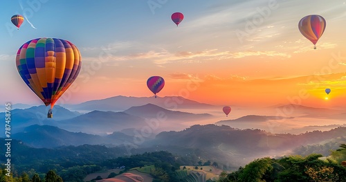 Colorful hot air balloons flying over the mountains at sunrise in Phu K hammer
